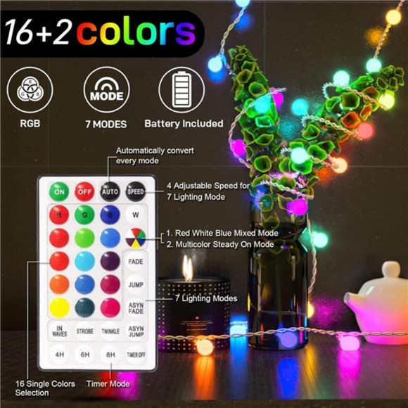 LED String Lights USB Plug-16Color Changing 21.3FT 50LED Globe BallsString Light - Picture 6 of 7